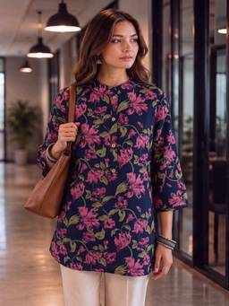 Yufta - Navy Blue Cotton Mandarin Collar Top