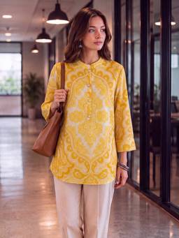 Yufta - Yellow Cotton Mandarin Collar Top