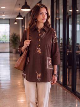 Yufta - Brown Cotton Knife Pleat Flare Sleeve Top