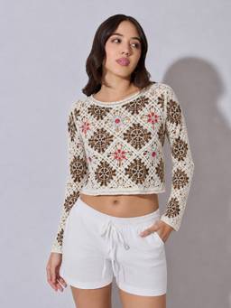 SHOWOFFFF - Women'S Brown Ribbed Sweater Top