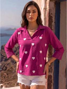 Dora Dori - Heart Embroidered Shirt Collar V-Neck Crepe Magenta Top