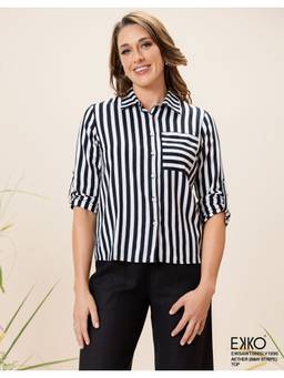 EKKO - Black Linen Blend Relaxed Fit Striped Roll Tab Sleeve Shirt Top