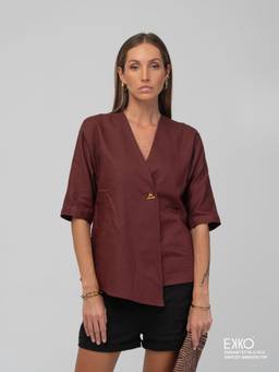 EKKO - Maroon Linen Belnd Relaxed Fit Batwing Sleeve Wrap Top