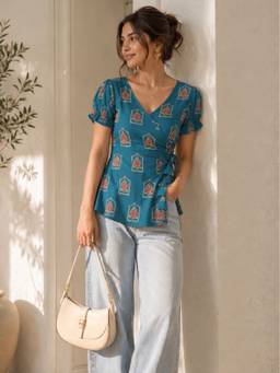 MYSHKA - Women Sea Green Printed Wrap Top