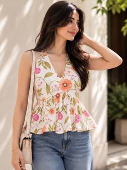 MYSHKA - Women Off White Floral Printed Sleeveless Halter Neck Peplum Top