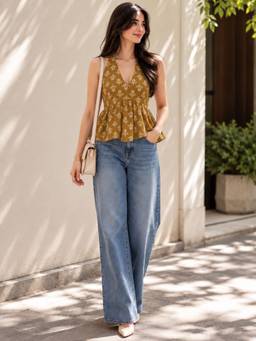 MYSHKA - Women Mustard Floral Printed Sleeveless Halter Neck Peplum Top