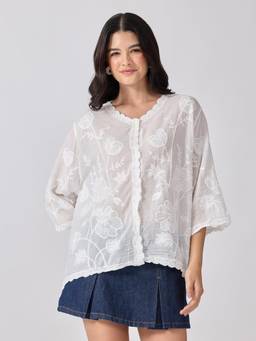 SHOWOFFFF - Women’S Floral Embroidered White Top