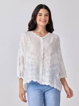 SHOWOFFFF - Women’S Floral Embroidered White Top