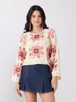 SHOWOFFFF - Women’S Floral Crochet Pink Top With Inner