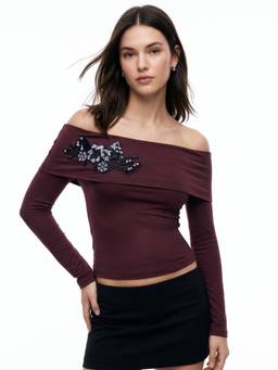 Outzidr - Wine Off-Shoulder Top