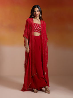 Gajra Gang - Red Lurex Cape Embroidered Bustier and Sharara Hautie Bride (Set Of 3)