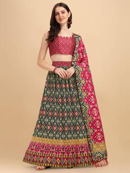 Amrutam Fab - Womens Green Color Satin Digital Print Crush Designer Lehenga Choli (Set of 3)