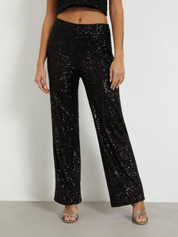 Guess - Women Black Embellished Mid-Rise Regular Length Pant