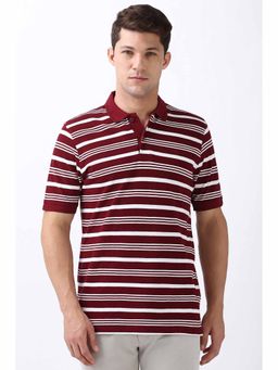 Peter England - Men Maroon Stripe Polo Neck Polo T-Shirts