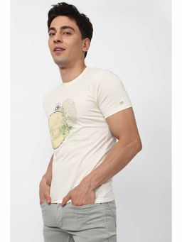 Peter England - Men Cream Graphic Print Round Crew Neck Graphic T-Shirts
