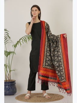 Kaanchie Nanggia - Handloom Cotton Black Solid Kurta Pants Dupatta (Set of 3)