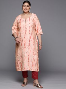 Extra love by Libas - Plus Size Women Peach Printed Silk Straight Kurtas for Women