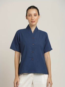 Saltpetre - Navy Blue Organic Cotton Half Sleeves Shawl Collar Shirt