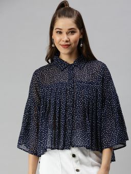 SHOWOFFFF - Women Collar Neck Flare Sleeves Polka Dots Navy Blue Top