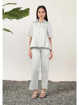 APARA - Cielo Blue Collar Neck Pleat Co-Ord Set