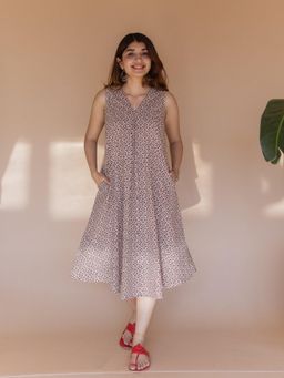 The Indian Ethnic Co. - Vamika Off White Bagru Cotton A Line Dress