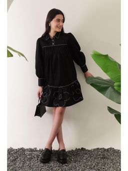 APARA - Flora Black Collar Neck Gather Dress