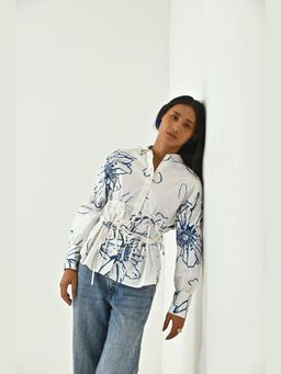 APARA - Flora Printed White Collar Neck Shirt