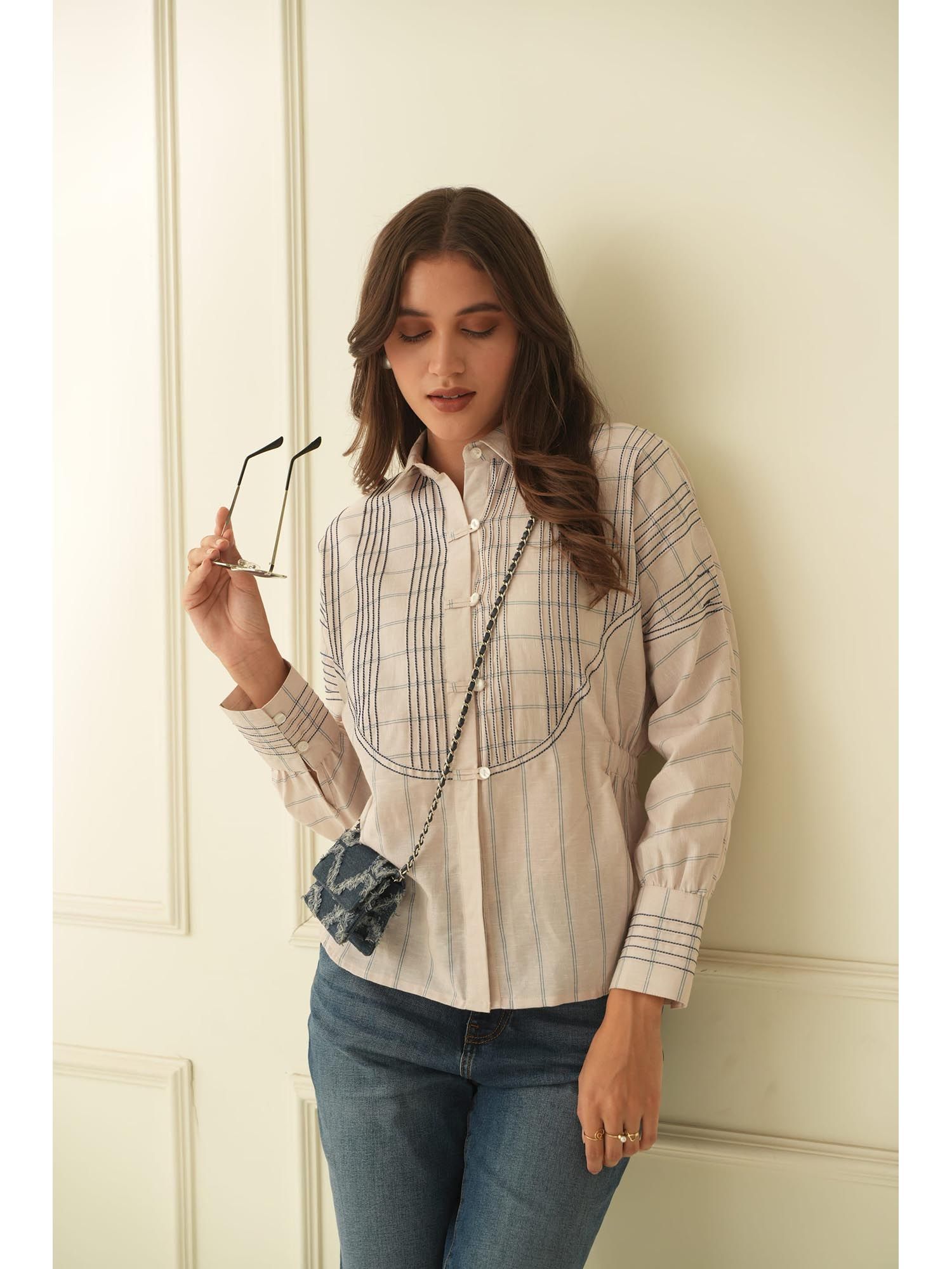 apara Harvey Beige Linen Stripe Loose Fit Shirt-picture-28