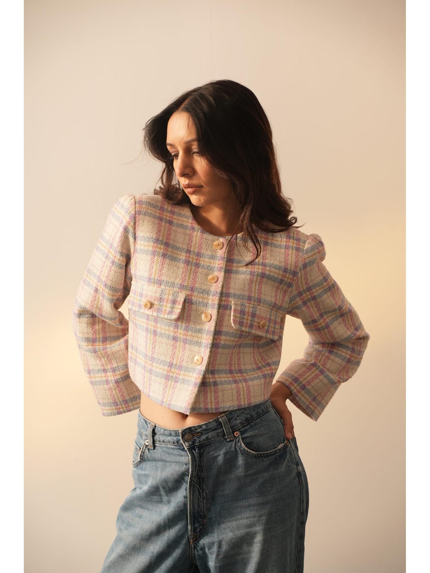 apara Ivy Pink Crop Checks Jacket-picture-26