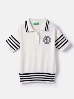 United Colors of Benetton - Girls White Regular Fit Stripes Polo T-Shirt