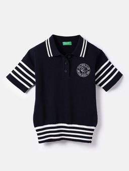 United Colors of Benetton - Girls Navy Blue Regular Fit Stripes Polo T-Shirt
