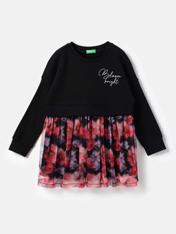 United Colors of Benetton - Girls Black Regular Fit Floral Knee Length Dress