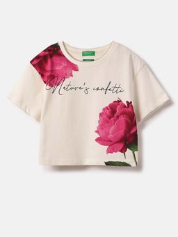 United Colors of Benetton - Girls Beige Regular Fit Floral Crop T-Shirt