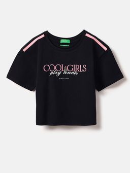 United Colors of Benetton - Girls Black Regular Fit Embroidered Crop T-Shirt