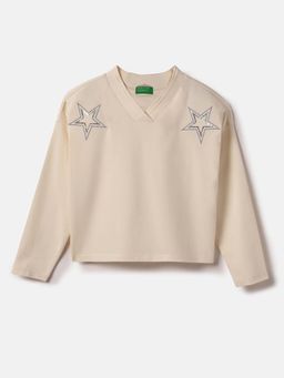 United Colors of Benetton - Girls Beige Regular Fit Embellished Crop T-Shirt
