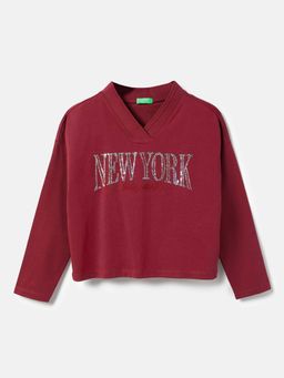 United Colors of Benetton - Girls Maroon Regular Fit Embellished Crop T-Shirt