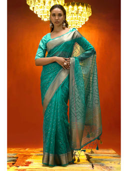 Soch - Women Blue Printed Saree with Unstitched Blouse