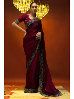 Soch - Women Maroon Organza Solid Saree with Stitched Blouse