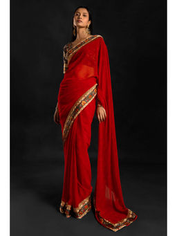 Soch - Women Red Georgette Printed Saree with Stitched Blouse