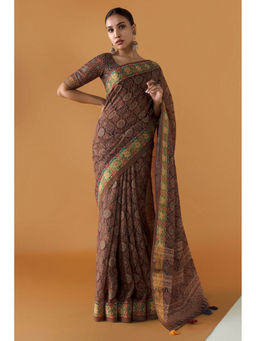 Soch - Women Brown Chanderi Printed Saree with Unstitched Blouse
