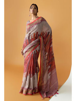 Soch - Women Beige Chanderi Printed Saree with Unstitched Blouse