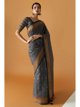 Soch - Women Grey Chanderi Printed Saree with Unstitched Blouse