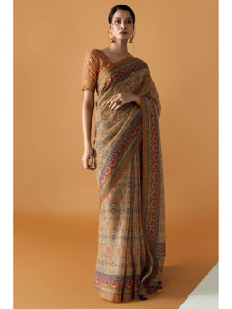 Soch - Women Mustard Chanderi Printed Saree with Unstitched Blouse