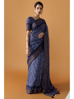 Soch - Women Blue Chanderi Printed Saree with Unstitched Blouse