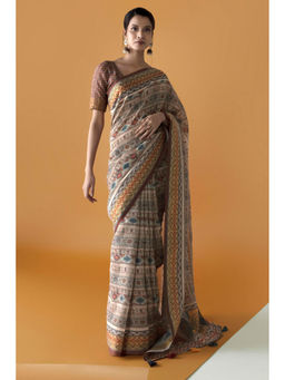 Soch - Women Beige Chanderi Printed Saree with Unstitched Blouse