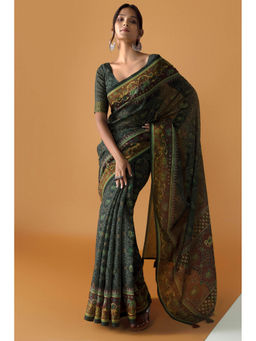 Soch - Women Grey Chanderi Printed Saree with Unstitched Blouse