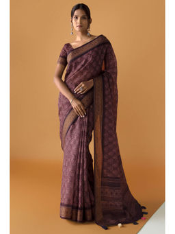 Soch - Women Brown Chanderi Printed Saree with Unstitched Blouse