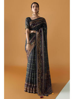 Soch - Women Olive Chanderi Printed Saree with Unstitched Blouse