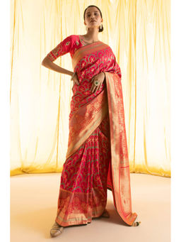 Soch - Women Coral Silk Woven Saree with Unstitched Blouse
