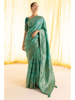 Soch - Women Teal Silk Woven Saree with Unstitched Blouse